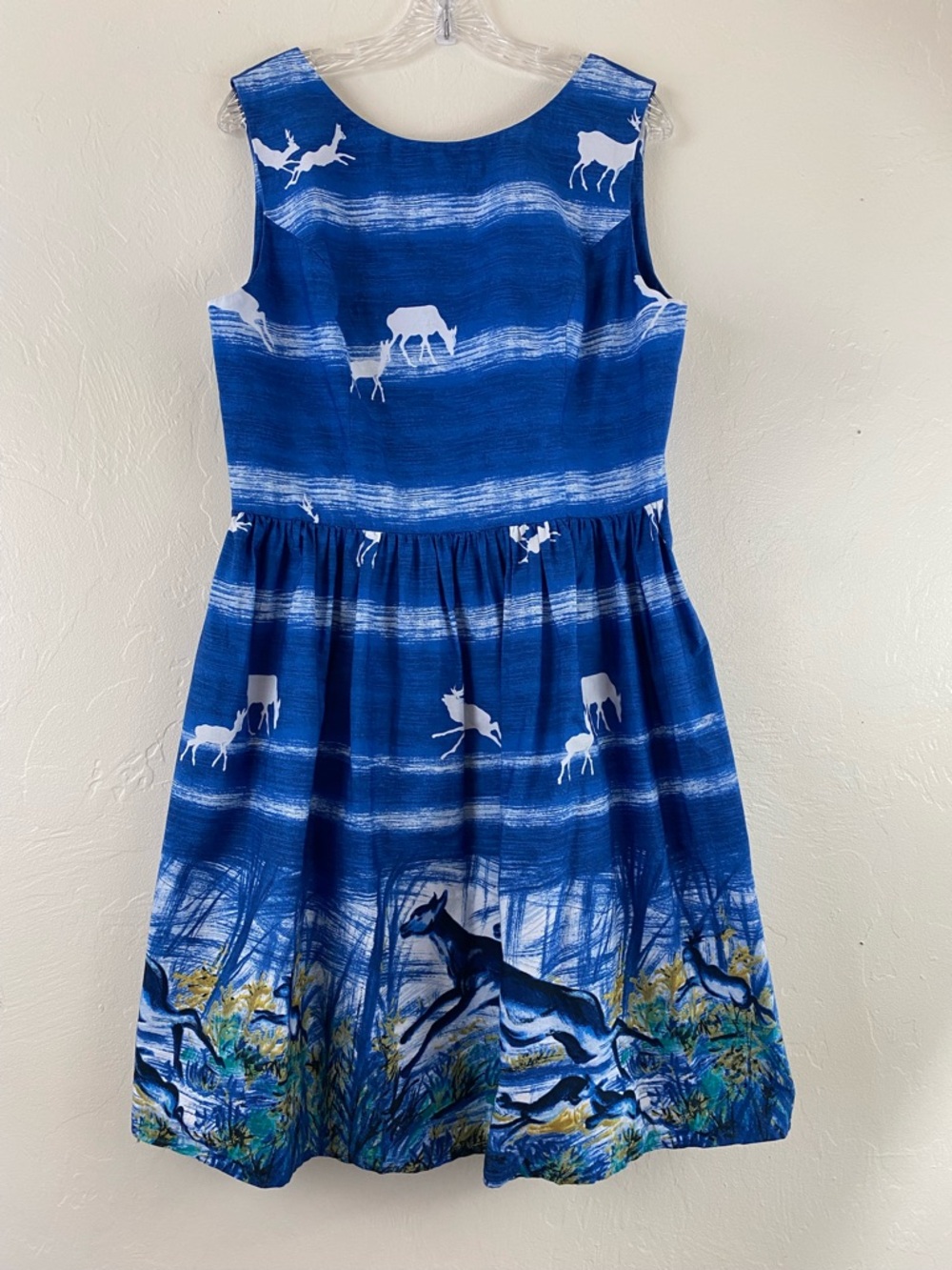 Hell Bunny Size XL Blue Deer Animal Print High Neck Back Zip-up Full Midi Dress